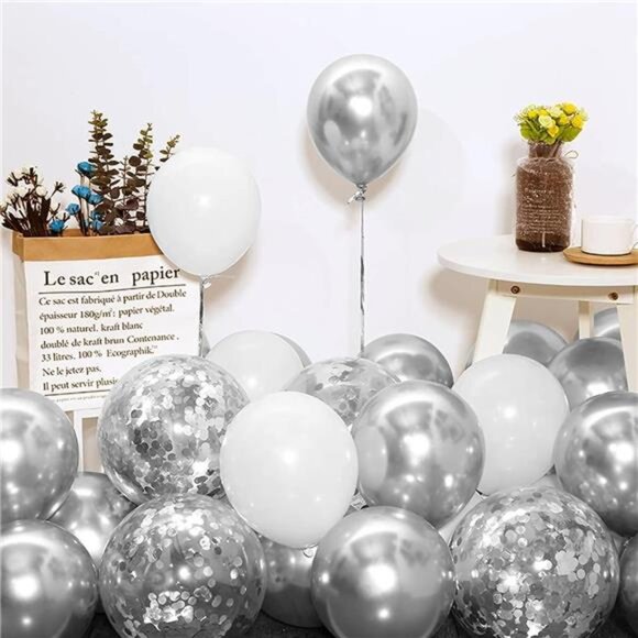 White Silver Balloon Garland Kit,100Pcs White Silver Metallic Chrome and Silver - Picture 6 of 7
